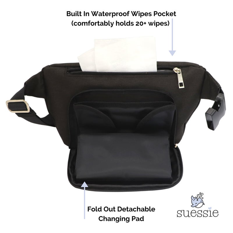 Suessie Fanny Pack Diaper Bag - with Baby Changing Pad & Waterproof Wipes Pocket - Stroller Organizer Black - Image 3